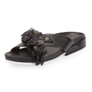TORY BURCH SLIDES FLORAL BLOSSOM BLACK SANDALS 8